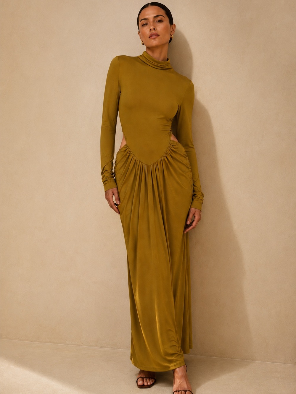 Zara Flowy Cut Out Maxi Dress Oil (Olive Mustard) High Neck Ruched Cut Out S